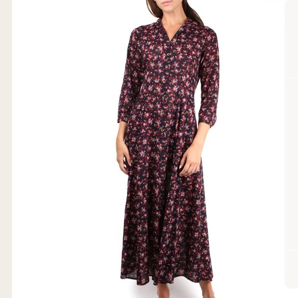 Xirena Dalton Dress Cotton Navy Floral Long Sleeve Maxi Dress with Pockets XS